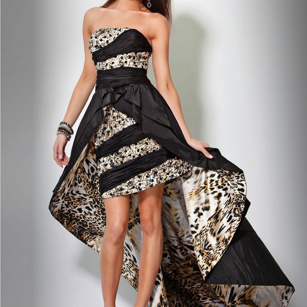 Black and Brown Strapless Prom Gown with Asymmetrical Hem